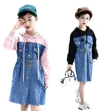 Новинка года; Брендовое платье для девочек; два цвета; Лоскутное детское джинсовое платье с капюшоном для маленьких принцесс; индивидуальное подростковое платье