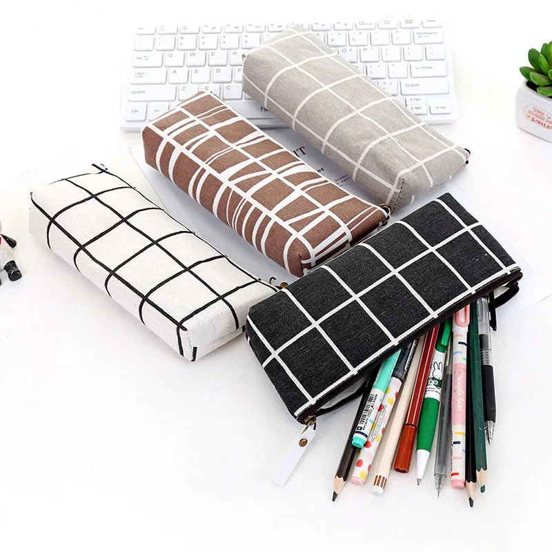 

Striped Grid Stationery Canvas Pencil Case School Pencil Bag Simple Pencilcase Office Supplies Pen Bag For Students