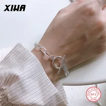 925 пробы серебряные Асимметричные звенья цепи браслеты для женщин с застежками ювелирные изделия минималистичный дизайнерский роскошный браслет