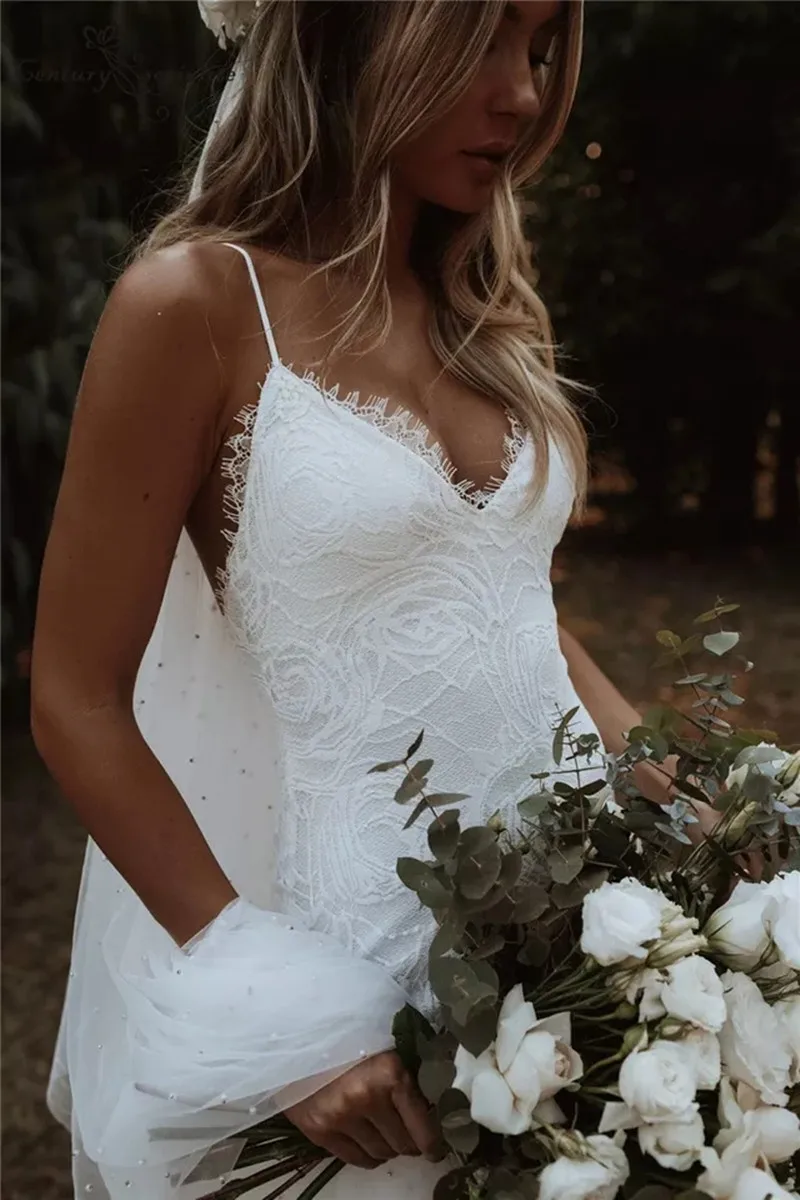 Boho mořská panna svatební šaty špagety popruhy  krajka backless pláž sexy v-neck bohémský svatební gowns elegantní vestidos de noiva