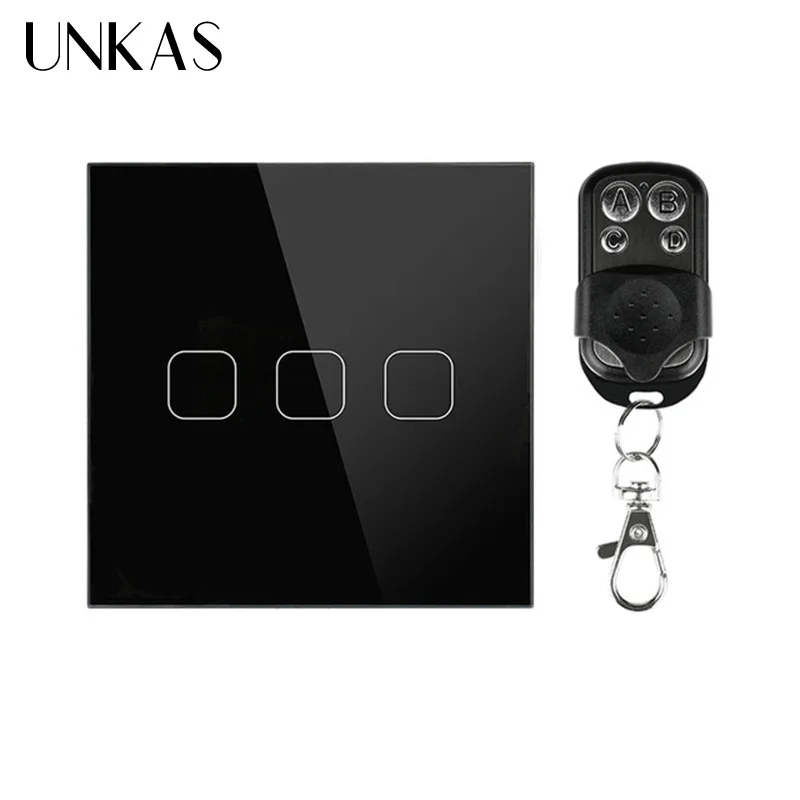 3 Gang Black UNKAS 1 комплект 1 способ кристалл стеклянная панель настенный светильник ЕС сенсорный выключатель Серый беспроводной переключатель AC 250 В переключатель дистанционного управления - Цвет: 3 Gang Black