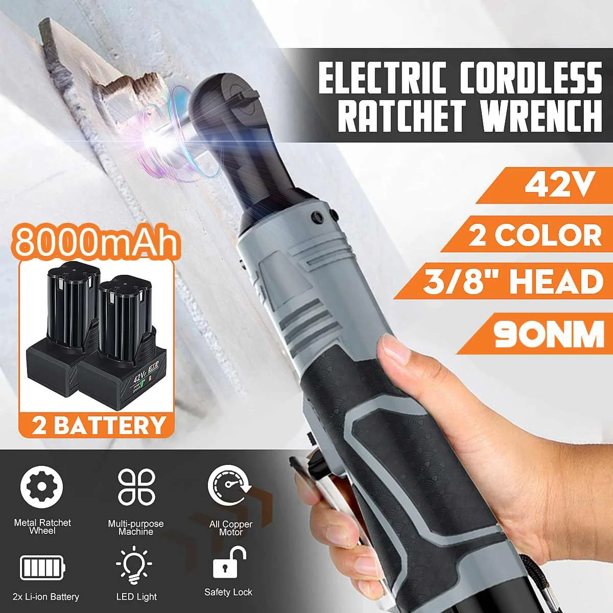 

42V 3/8'' 90Nm Electric Cordless LED Ratchet Wrench Rechargeable Scaffolding Electric Wrench Angle Wrench Tool + 2Pcs Battery