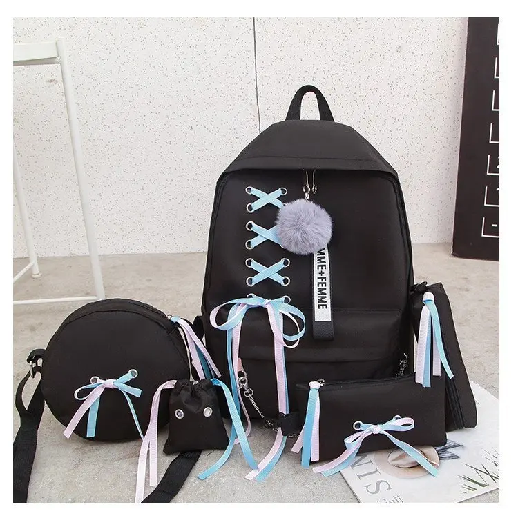 Women Backpack Korean Fashion Ribbon Bow 5pcs Cover Mother Bag Wild Large-capacity School Bag - Color: A