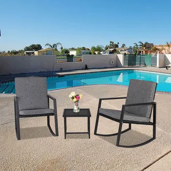 

Rocking Chairs Set 3 Pcs Comfortable Leisure Seat With Glass Coffee Table Classic Practical Outdoor Garden Patio Furniture Black