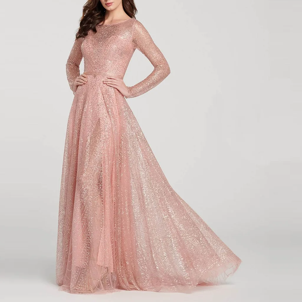 

Formal Wedding Bridesmaid High-waist Party maxi dresses Women Elegant O-Neck Dinner Suit Long Sleeve Long Dress with diamonds