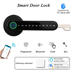 Serrure de porte intelligente Bluetooth, serrure biométrique à empreintes digitales, avec poignée électrique, pour maison en bois, Alexa et Google Home 