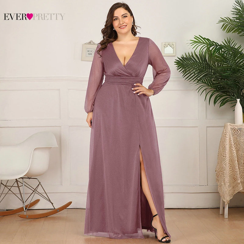 Plus Size Burgundy Prom Dresses Ever Pretty A-Line Deep V-Neck Side Split Long Sleeve Sexy Sparkle Formal Party Gowns Sukienki