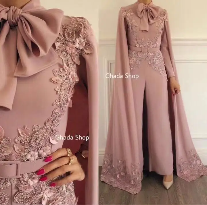 

Jumpsuit Prom Dresses Real Picture High Collar Bowknot Lace Appliques with Cape Chiffon Pearls Evening Dresses Pants