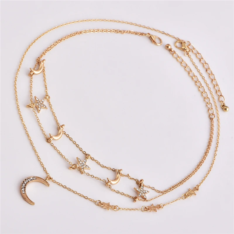 Женское Ожерелье кристалл луна кулон короткая цепь ожерелье два слоя Звезда Луна кисточкой ожерелье со стразами ювелирные изделия
