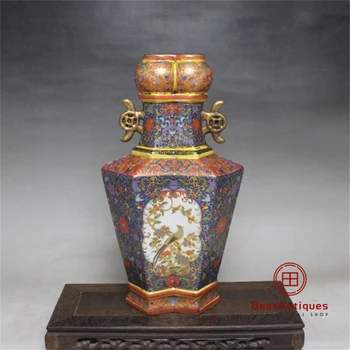 

Qing Yongzheng Enamel Flowers Birds Gold Drawing Twin Flat Flower Vase Antique Vase Decoration Porcelain Collection Home Decor