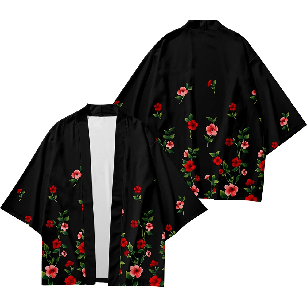 

Summer Creative Floral Shirt Three-quarter Sleeves Kimono Stand Collar Cardigan Loose Large Size National Style Men's Jacket