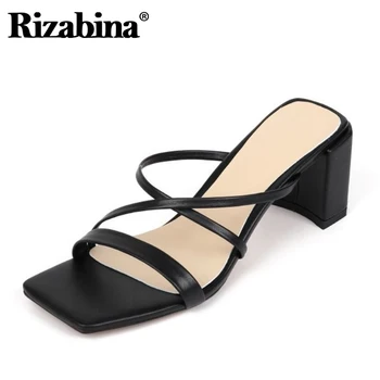 

Rizabina New Arrival Women Fancy Sandals Nice Genuine Leather Slippers Square High Heels Serpentine Print Shoes Women Size 34-39