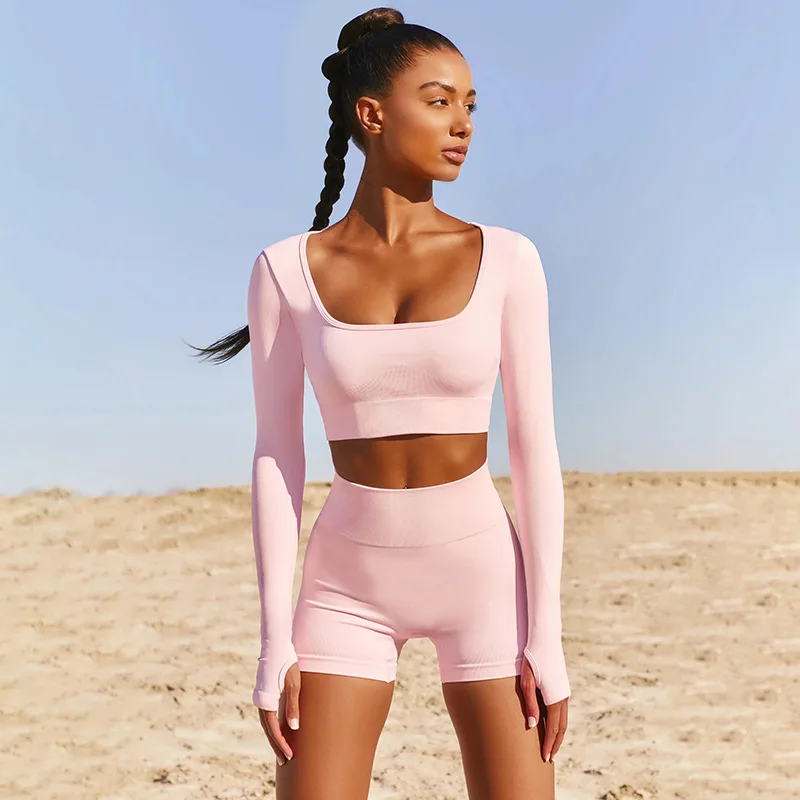 

CXUEY New Sport Clothes for Women Long Sleeve Top Yoga Short Pants 2 Piece Gym Workout Set Women Exercise Outfit Tracksuit Pink