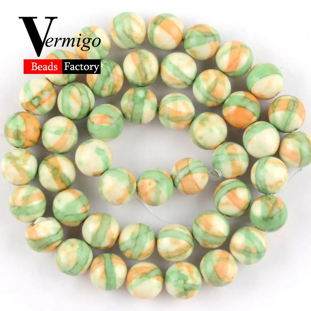 Натуральные дождевые цветы из камней бусины для изготовления ювелирных изделий розовый синий, фиолетовый, зеленый Круглые бусины ожерелье самодельное браслет 4 мм-12 мм 15'' - Цвет: Green Orange Stripe