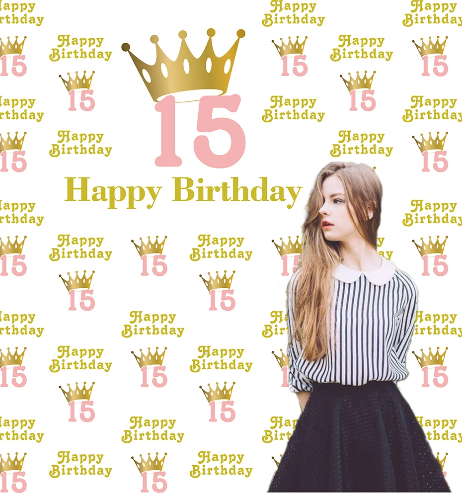 

Happy Birthday 15 Background Golden Crown Adult Ceremony Photography Background Party Decoration Banner Custom