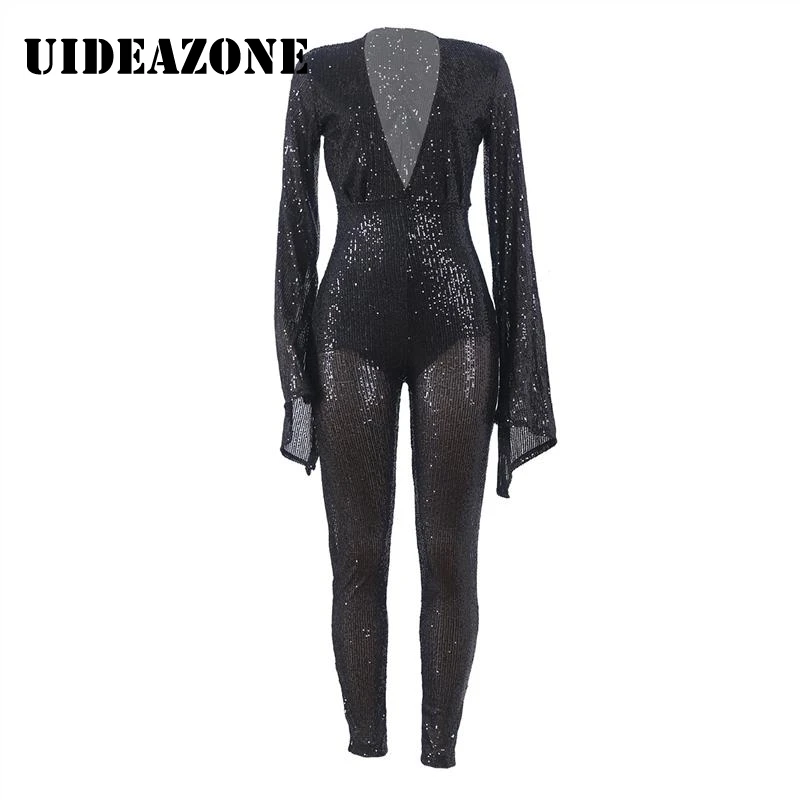 Sexy Sequin Jumpsuit Diamond Sleeve Deep V-neck Jumpsuit Romper Solid Playsuit Womens Jumpsuit Clubwear Overalls Plus Size 2XL