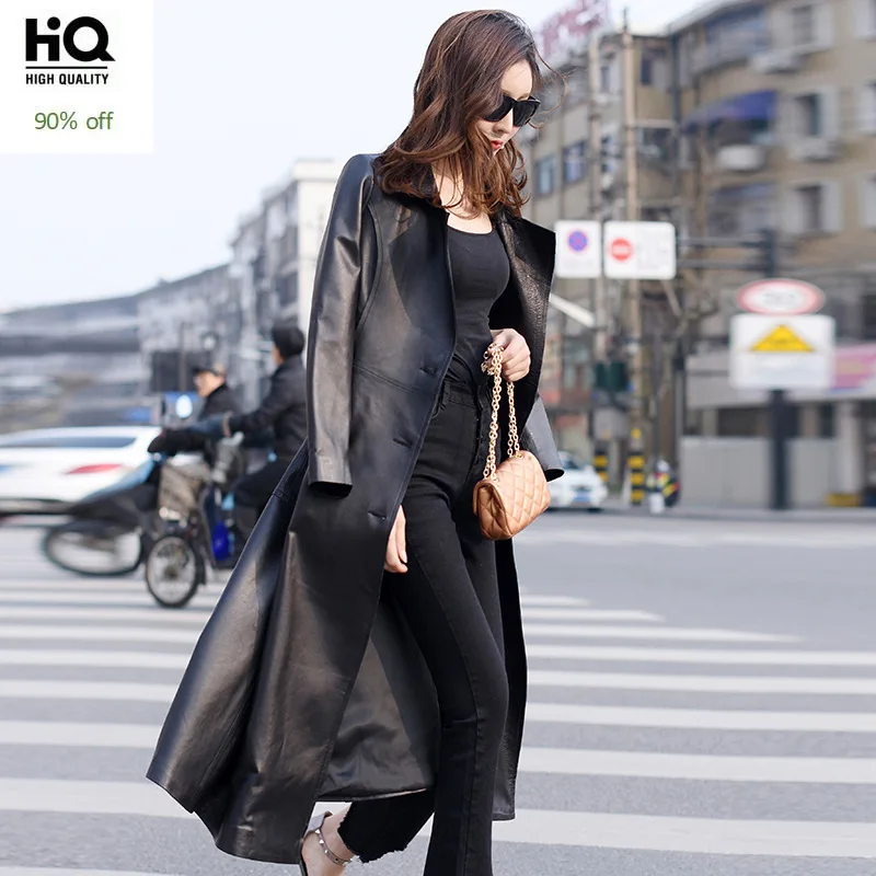 

Spring Real Leather Motocycle Long Jacket Women Street Slim Fit Belt Sheepskin Coat For Female Top Quality Leather Windbreaker