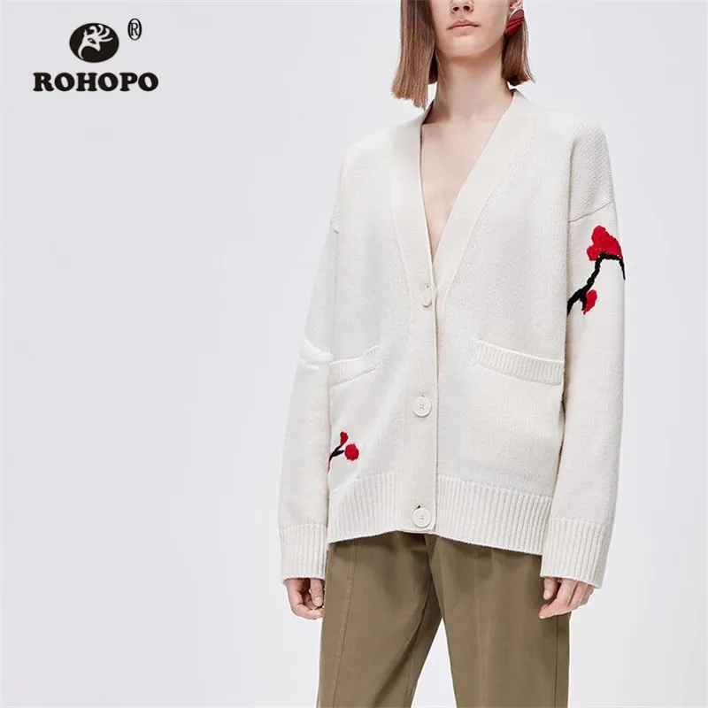 

ROHOPO Autumn Grus japonensis Cartoon Knitted Vintage Jacket Button Fly Side Pockets Autumn White Outwear #9496