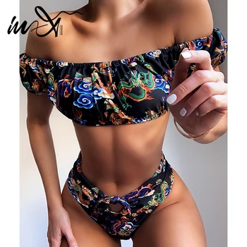 

In-X Sexy short sleeve bikini 2020 Bandeau printed swimsuit female Off shoulder swimwear women Summer bathers Bathing suit new