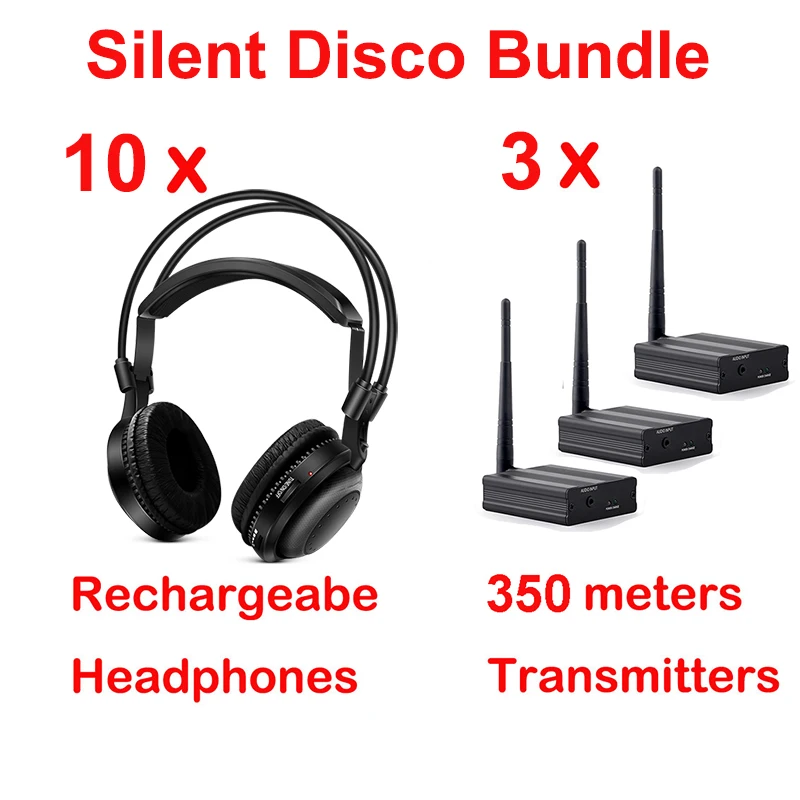 

Factory Shipping RF 3 Channel Ultra Low Bass Classical Silent Disco Headphones Package - 10pcs Receivers and 3 Transmitters
