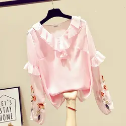 MUMUZI вышитая шифоновая рубашка 2019 осень Новая женская гофрированная блузка с длинным рукавом с v-образным вырезом рубашки элегантные топы