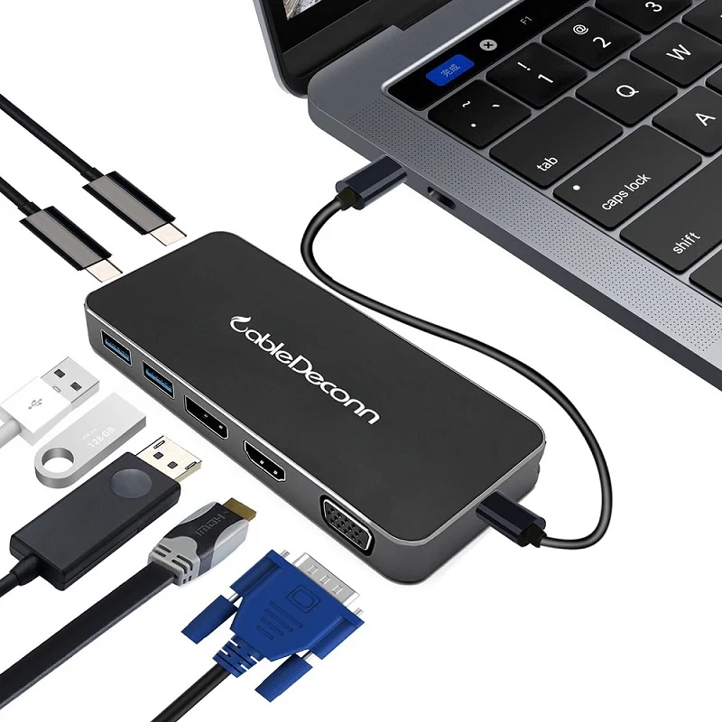 Thunderbolt 3 type C к HDMI usb-концентратор, адаптер USB C к HDMI VGA USB 3,0 USB C зарядный многопортовый конвертер для монитора Macbook - Цвет: black