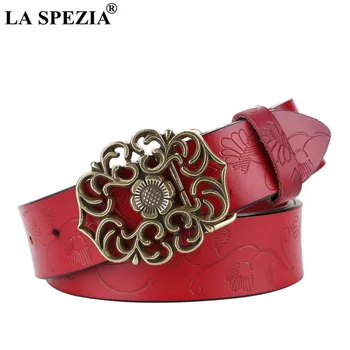 

LA SPEZIA Red Women Belt Vintage Waist Belt Genuine Cow Leather Pin Buckle Vintage Cowskin High Quality Brand Ladies Belt 110cm