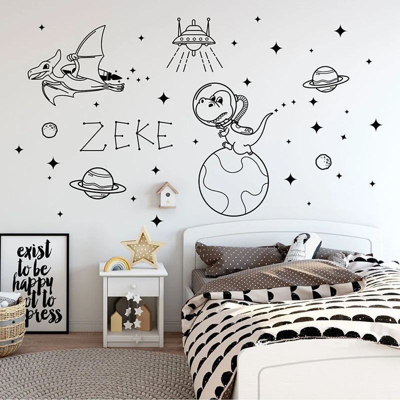 

Custom Name Dinosaurs In Outer Space Vinyl Sticker -Dinosaur Planets Meteorite Stars Moon Nursery Decal Kid Room Art A730