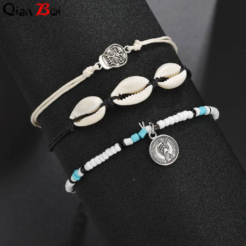 QianBei Modyle 3 шт./компл. в богемном стиле Винтаж в виде ракушки браслеты для ног Skull для Для женщин сине-белые камень ретро пляжные шорты мужские ног Ювелирные изделия