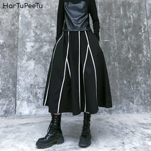 Vertical Stripe Skirt Women Plus Size Loose Pleated Midi Skirts High Elastic A-line BF Black Vintage Pockets 2020 Spring Summer Vertical Stripe Skirt Women Plus Size Loose Pleated Midi Skirts High Elastic A-line BF Black Vintage Pockets 2020 Spring Summer