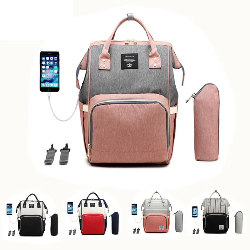 

USB Diaper Bag+Milk Bottle (heat preservation)+stroller hooks+USB cable Mummy Backpack Baby Care Bag Travel Backpac