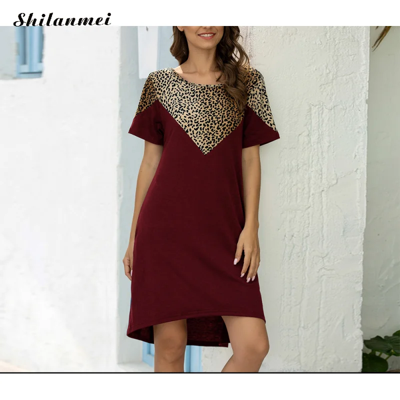 

2020 Leopard Casual Dresses Women Short Sleeve Pockets Female Loose A-Line Dress Solid Color Patchwork Oversize Dress Vestidos