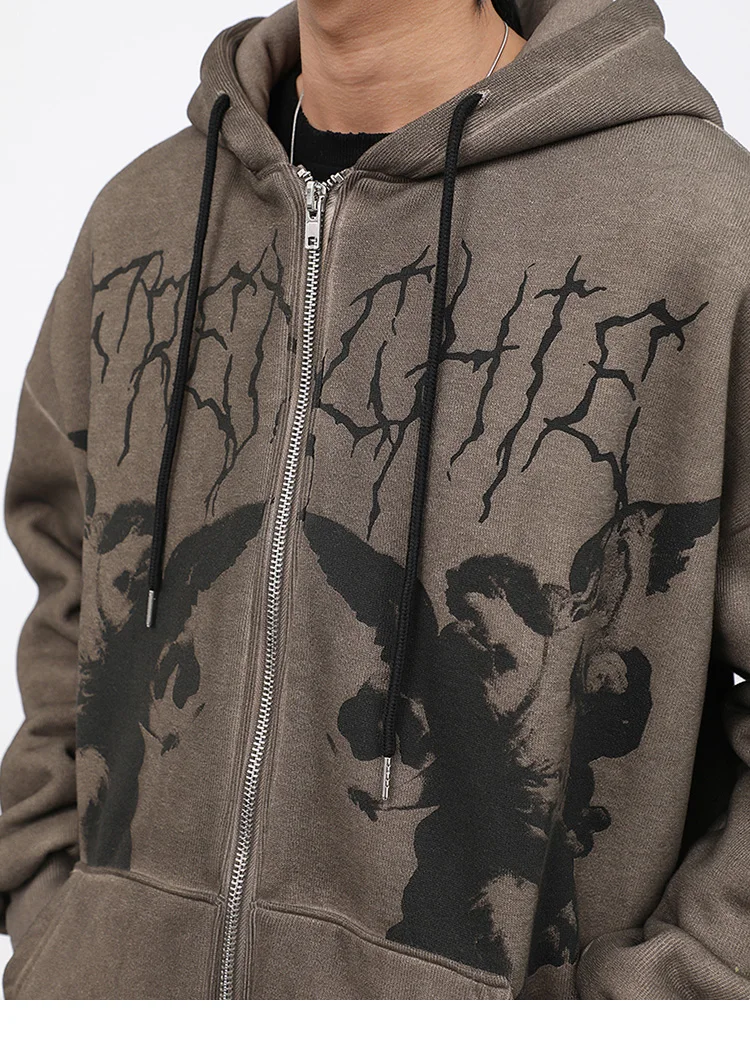Men hip hop streetwear hooded jacket angel dark print jacket coat harajuku cotton fleece autumn winter jacket outwear zipper Clearance