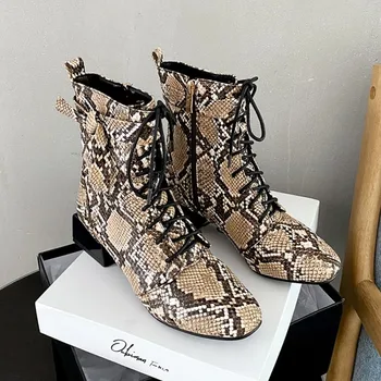 

OLOMLB Womens Round Toe Snake Stone Pattern Ankle Boots Block Heel Lace Up Shoes Warm Winter 4Colors Plus Size 34-48 New