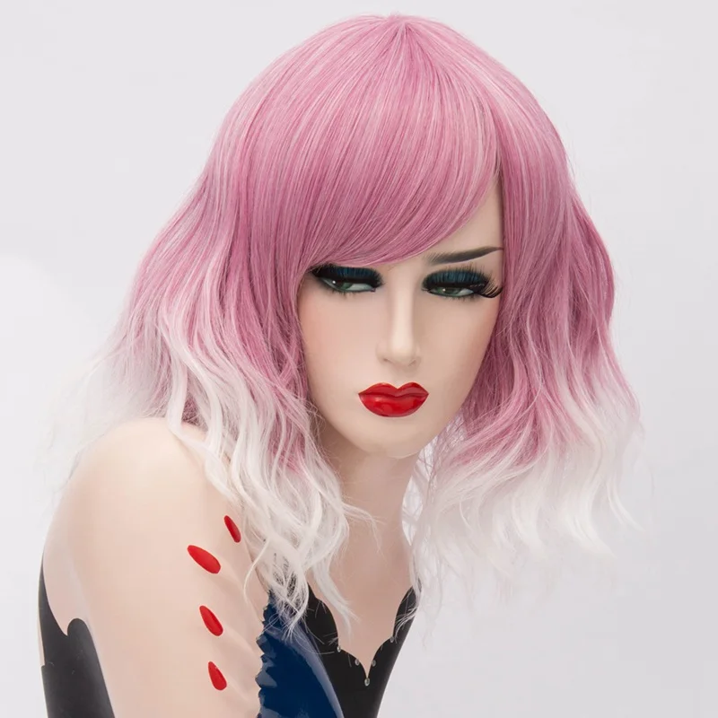Парики из искусственных волос без шапочки-основы короткий кудрявые волосы градиент цвета фиолетовый коричневый парик с челкой зеленый натуральные волосы термостойкие - Цвет: Pink white gradient
