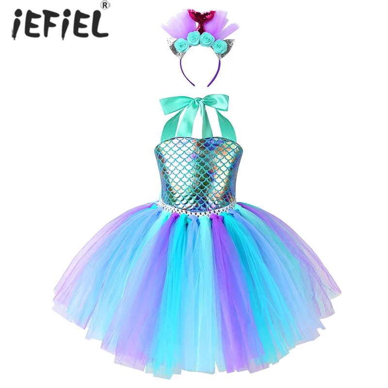 

Kids Girls Mermaid Fancy Costume Fish Scales Printed Tutu Dress with Hair Hoop Halloween Carnival Party Toddler girl dresses