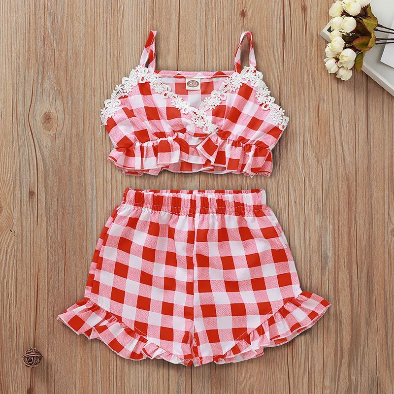Malapina Infant Toddler Baby Girl Clothes Ruffle Romper Bodysuit Children Strap Top Red Plaid Pants Suit Outfit | Детская одежда и