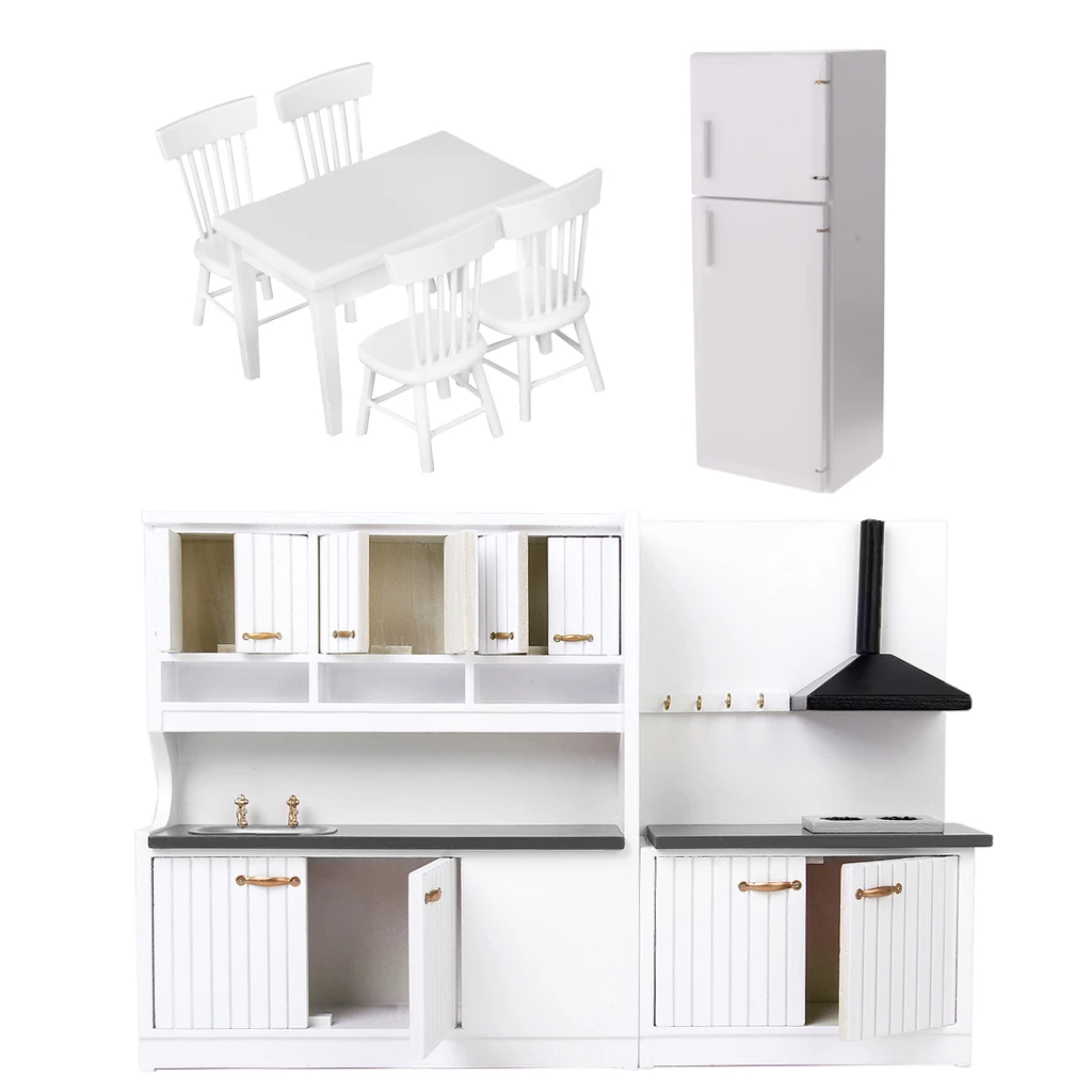 1:12 Dolls House Miniatures Kitchen White Furniture Set Decor Fridge Freezer Table Chairs Toy