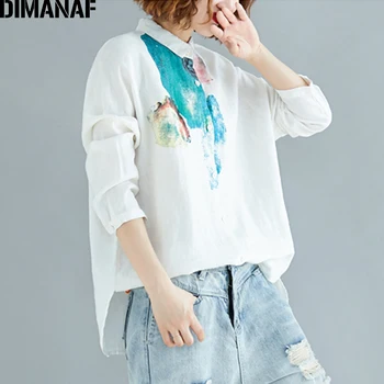 

DIMANAF Plus Size Women Blouse Shirts Summer Cotton Office Lady Tops Tunic Casual Loose Print Long Sleeve Button Cardigan 2020