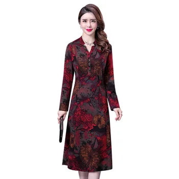 

2020 Spring Middle Aged Mother Female Retro Print Dress Long Sleeve Plus Size 4xl 5xl Temperament Slim Women Dresses Vintage