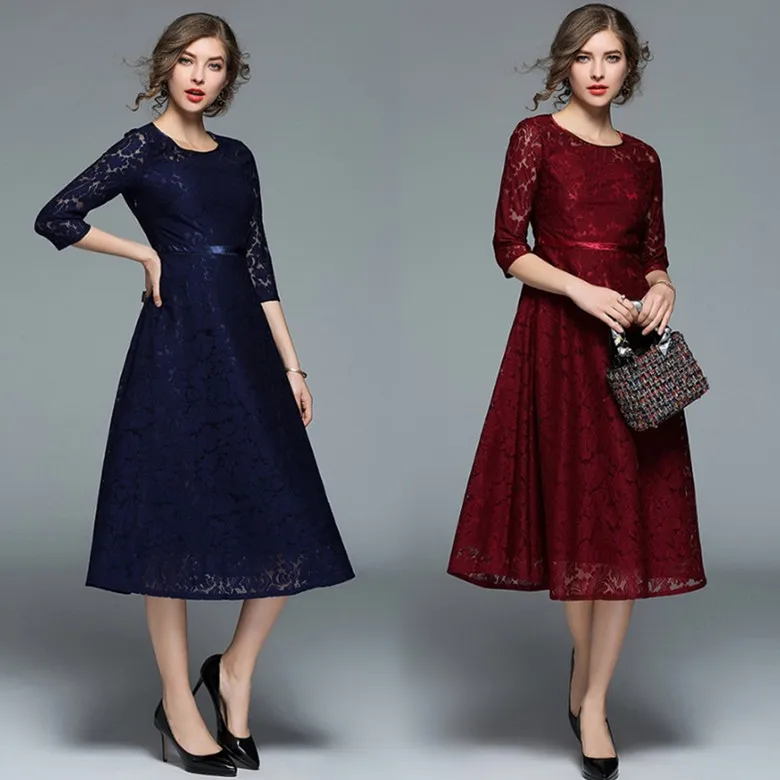 Skup Wiosenna damska sukienka 2018 Ozhouzhan Fashion wycięcie pod szyją Slim Fit uniwersalna koronkowa sukienka w połowie długości