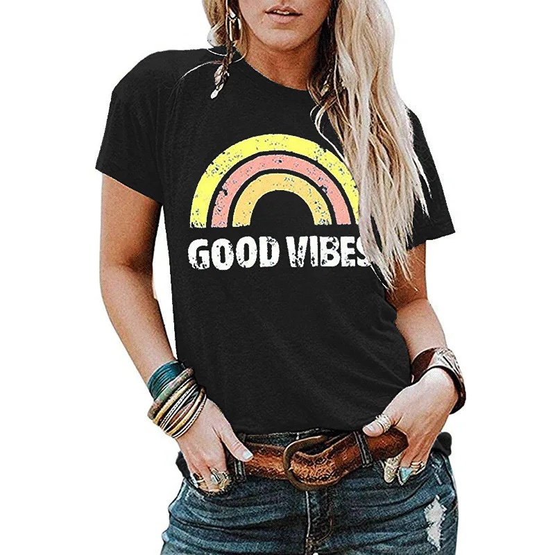 Good Vibes Rainbow Print T shirt Women 