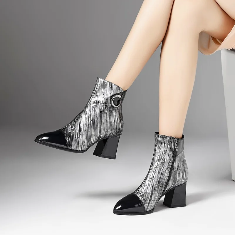EGONERY/ботильоны из коровьей кожи; модная женская зимняя обувь на высоком каблуке с острым носком на молнии и в полоску; Прямая