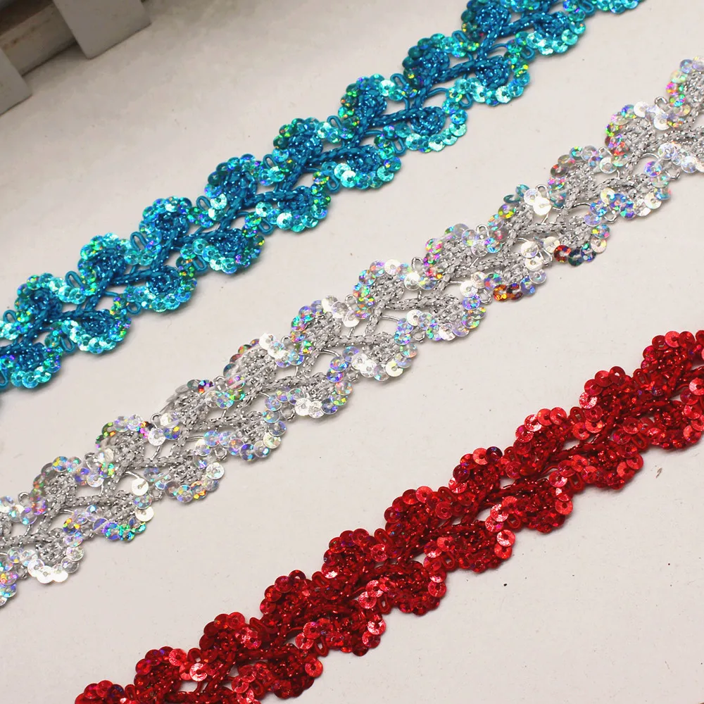 Sequined Embroidery Lace Ribbons Braided Bobbin Lace Scalloped 12 Yards 1'' Wide lace ribbon