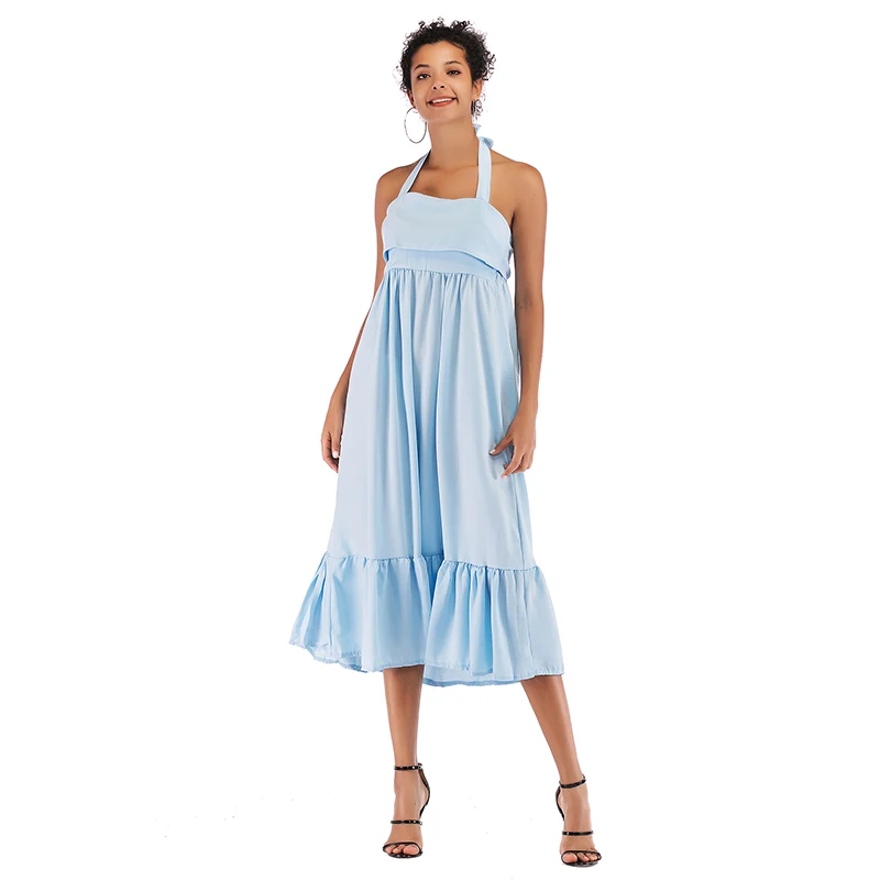 

JVCAKE Woman Dress With Halter Dress With Lace Ruffled Dress Hollow Fashion Waist Dress 2020 Summer blue Dress S M L XL