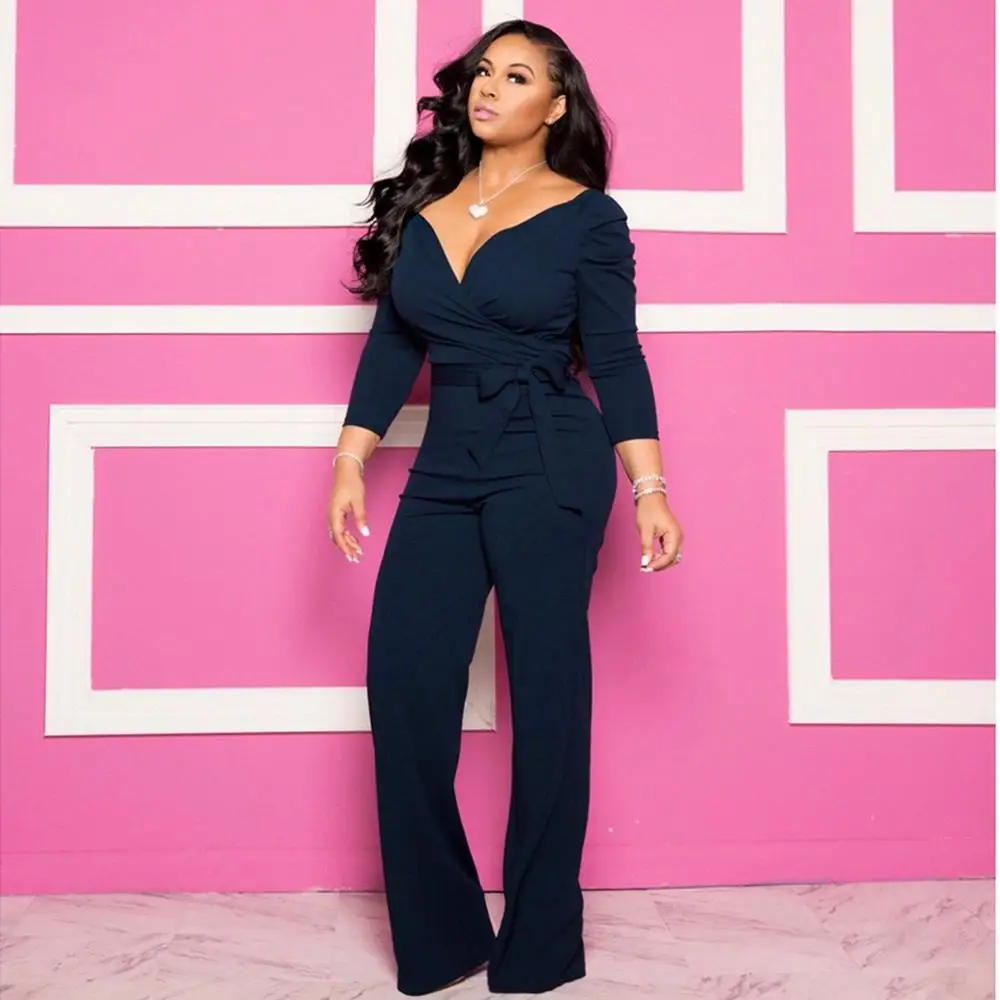 

Cotton Womens Jumpsuits Autumn Winter Sexy Solid Color V-Neck Long Sleeve Jumpsuit Belt Overalls Partywear Rompers Combinaison E