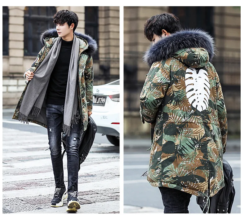 MEN'S down Jacket Mid-length Casual Fashion Hooded down Feather Jacket White Duck down Camouflage Korean-style down Feather Jack