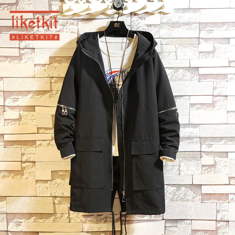 Liketkit, мужские осенние тренчи с капюшоном,, мужские одноцветные свободные куртки с карманами, пальто, мужская повседневная негабаритная ветровка