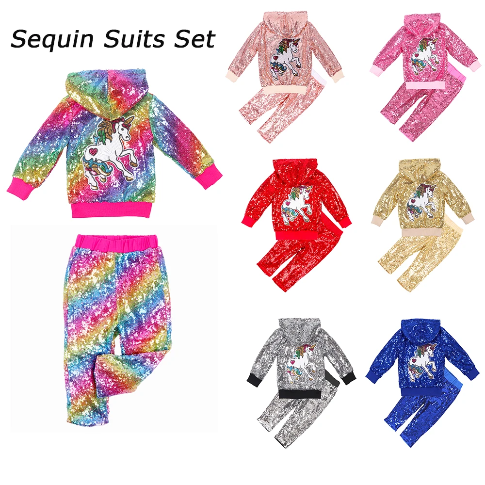 Baby Boys Girls Sequin Unicorn Jacket Hooded Suits with Pants Autumn Winter New Fashion Christmas Clothes for Toddler