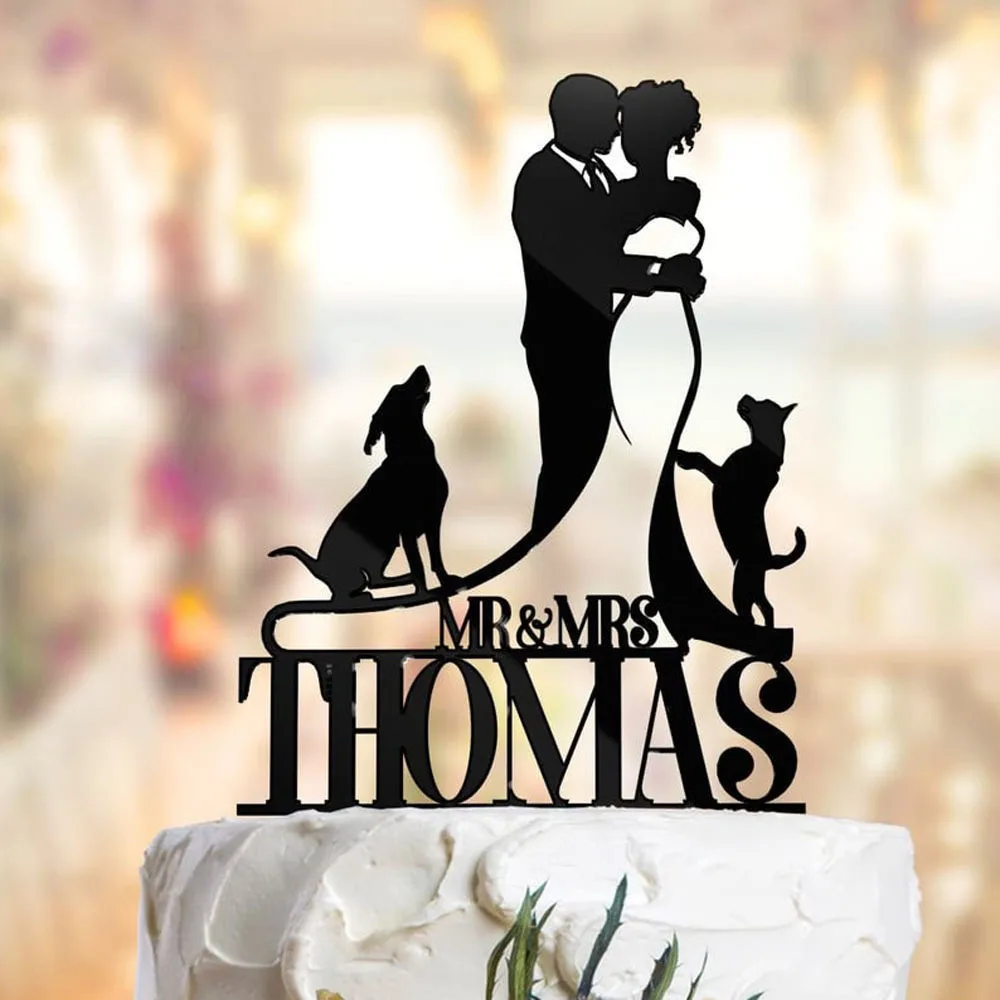Personalised Wedding Decor Cake Topper With Dog,Couple Wedding Cake Toppers With Dog,Custom Ms & Mrs name Wedding Cake Topper